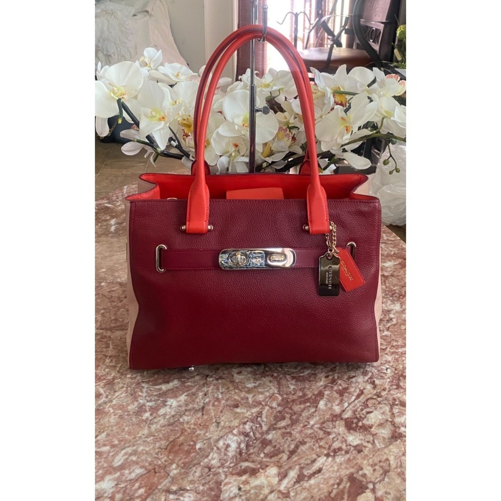 New Coach Swagger Carryall Colorblock Pebbled Leather Satchel Bag 36514, $395